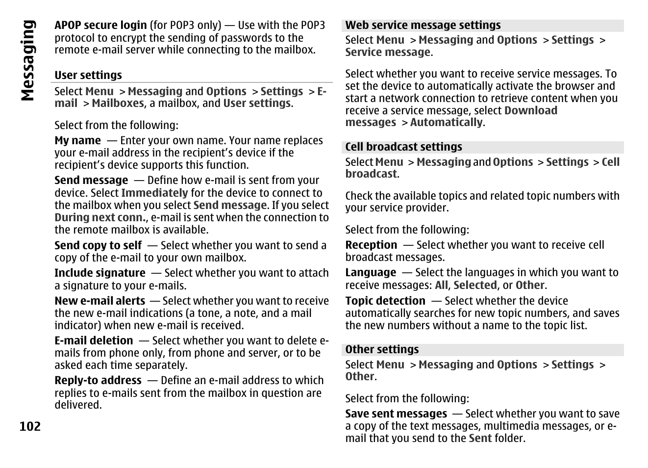 User settings, Web service message settings, Cell broadcast settings | Other settings, Messaging | Nokia MOBILE PHONE N86 User Manual | Page 102 / 159