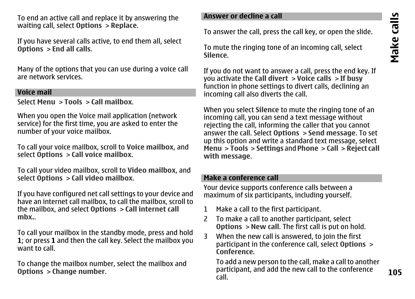 Voice mail, Answer or decline a call, Make a conference call | Make call s | Nokia MOBILE PHONE N86 User Manual | Page 105 / 159