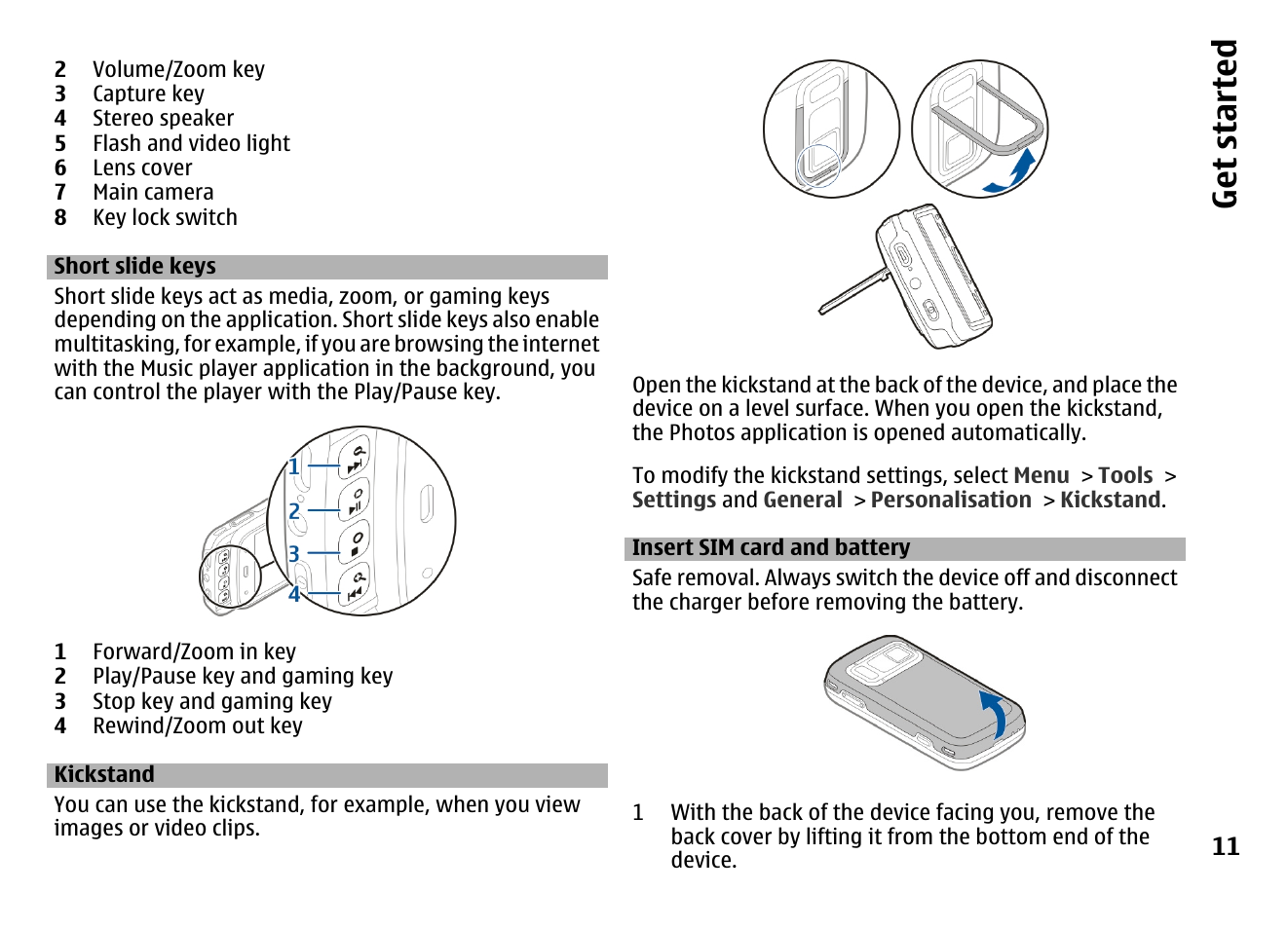 Short slide keys, Kickstand, Insert sim card and battery | Get started | Nokia MOBILE PHONE N86 User Manual | Page 11 / 159