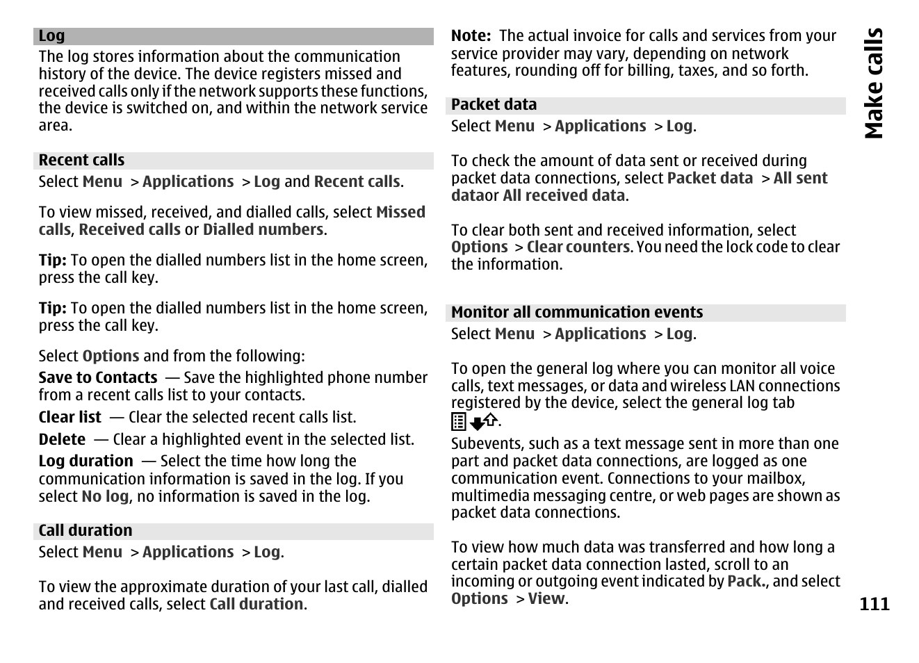 Recent calls, Call duration, Packet data | Monitor all communication events, Make call s | Nokia MOBILE PHONE N86 User Manual | Page 111 / 159