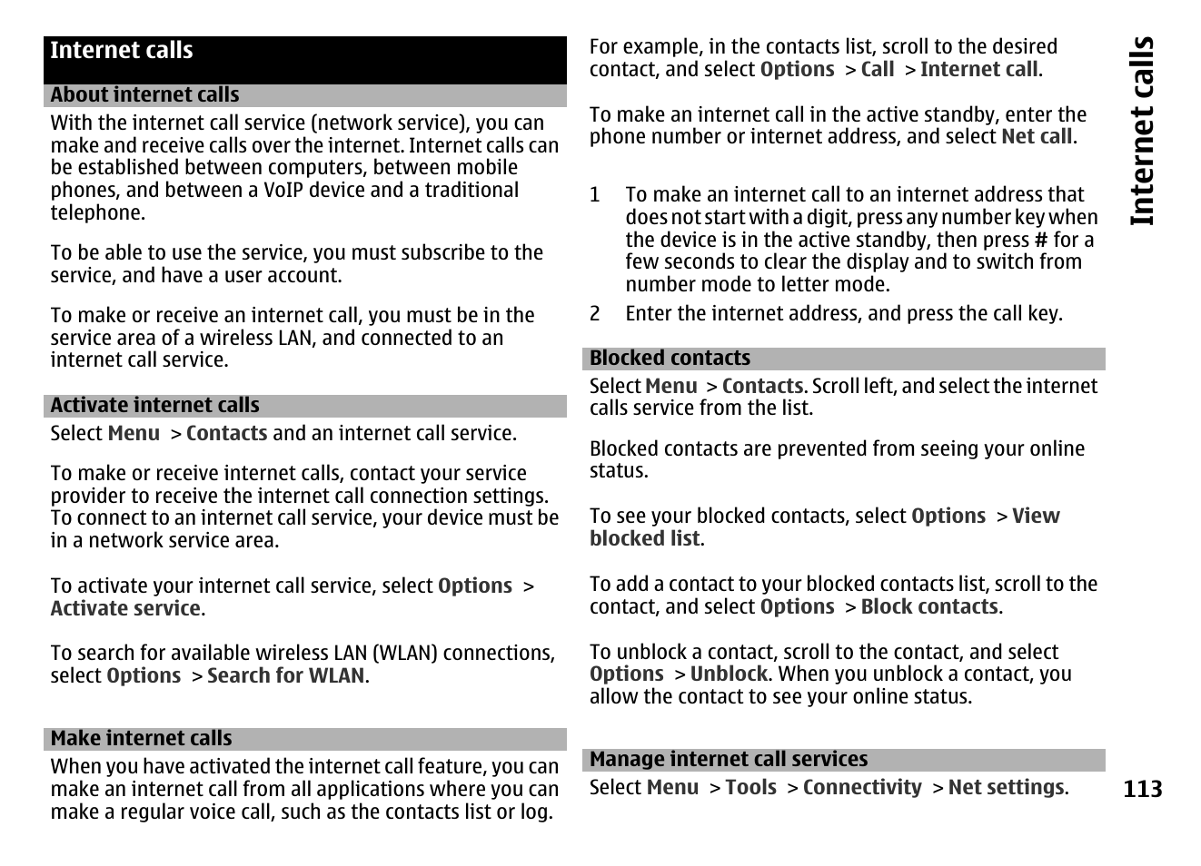 Internet calls, About internet calls, Activate internet calls | Make internet calls, Blocked contacts, Manage internet call services | Nokia MOBILE PHONE N86 User Manual | Page 113 / 159