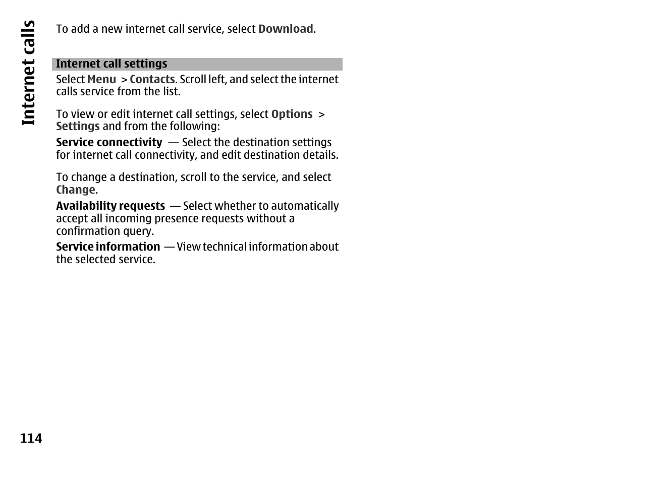 Internet call settings, Internet calls | Nokia MOBILE PHONE N86 User Manual | Page 114 / 159