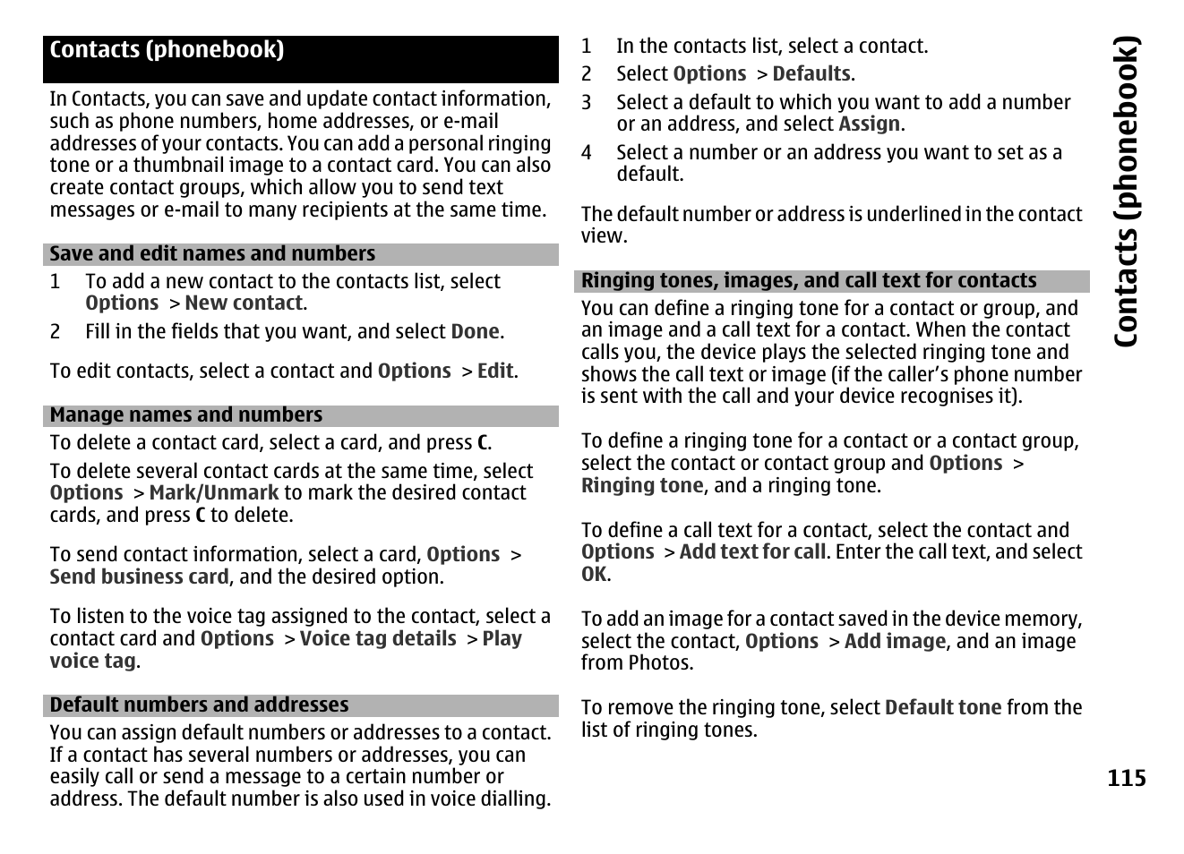 Contacts (phonebook), Save and edit names and numbers, Manage names and numbers | Default numbers and addresses, Ringing tones, images, and call text for contacts, Contacts (phone boo k) | Nokia MOBILE PHONE N86 User Manual | Page 115 / 159