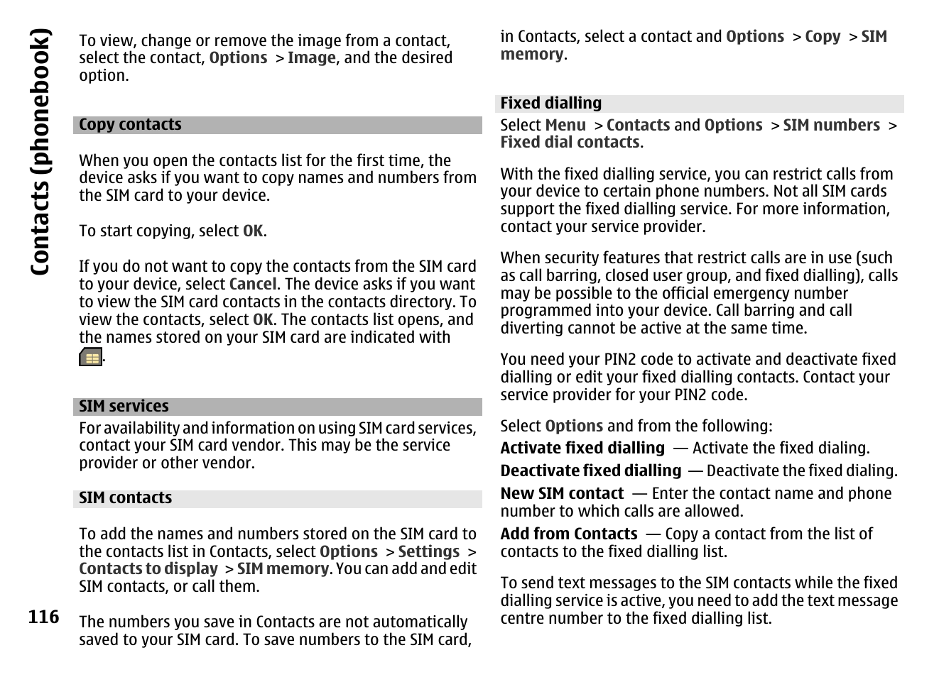 Copy contacts, Sim services, Sim contacts | Fixed dialling, Contacts (phone boo k) | Nokia MOBILE PHONE N86 User Manual | Page 116 / 159