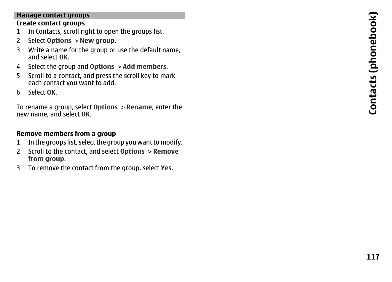 Manage contact groups, Contacts (phone boo k) | Nokia MOBILE PHONE N86 User Manual | Page 117 / 159