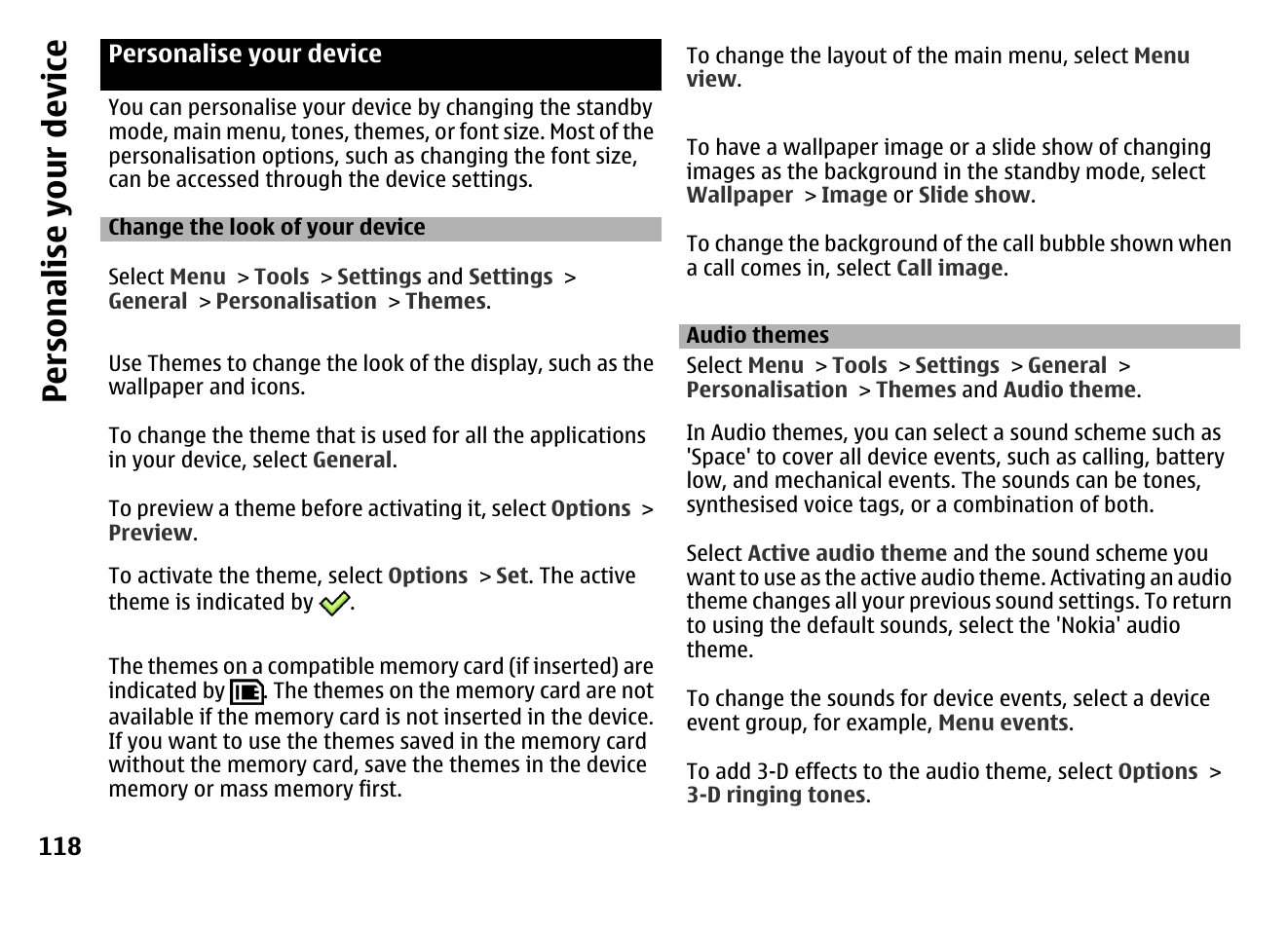 Personalise your device, Change the look of your device, Audio themes | Persona lise your de vice | Nokia MOBILE PHONE N86 User Manual | Page 118 / 159