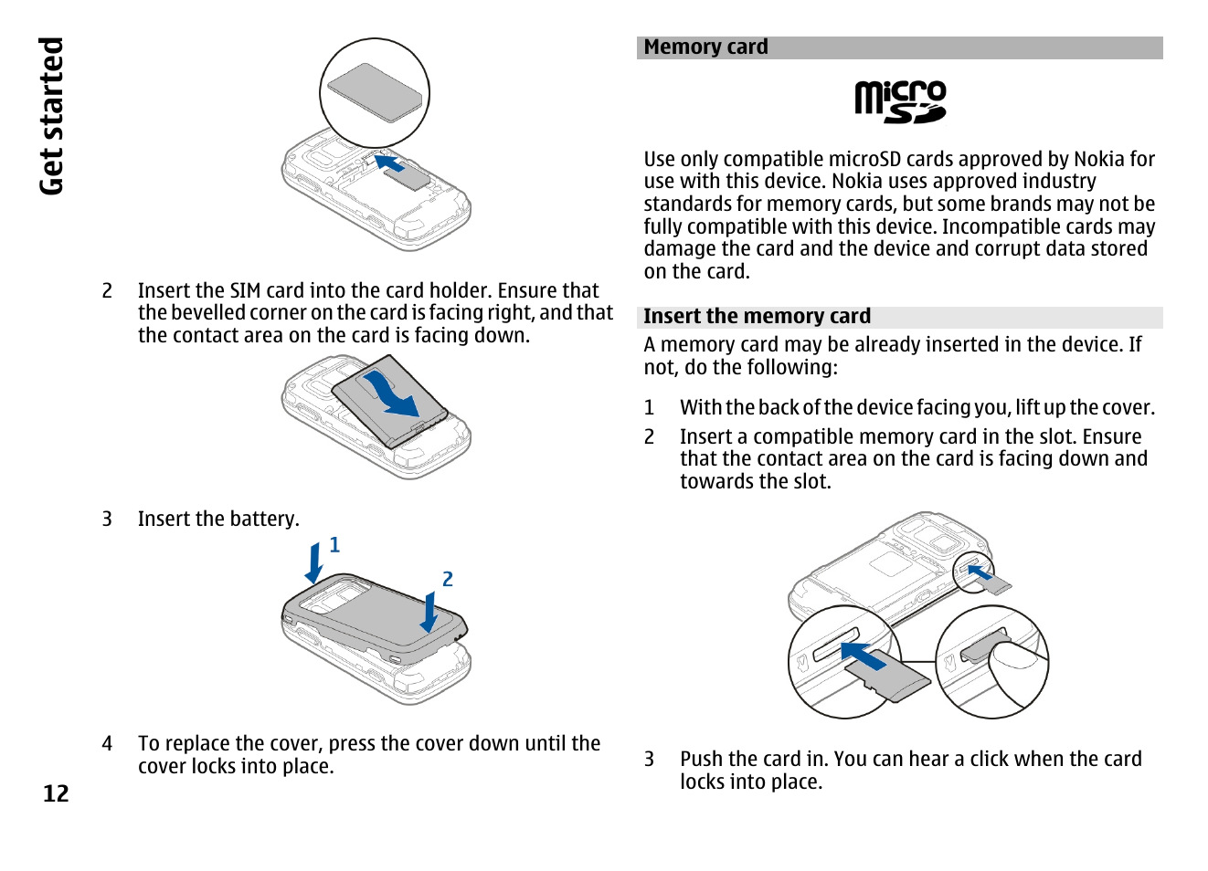 Memory card, Insert the memory card, Get started | Nokia MOBILE PHONE N86 User Manual | Page 12 / 159