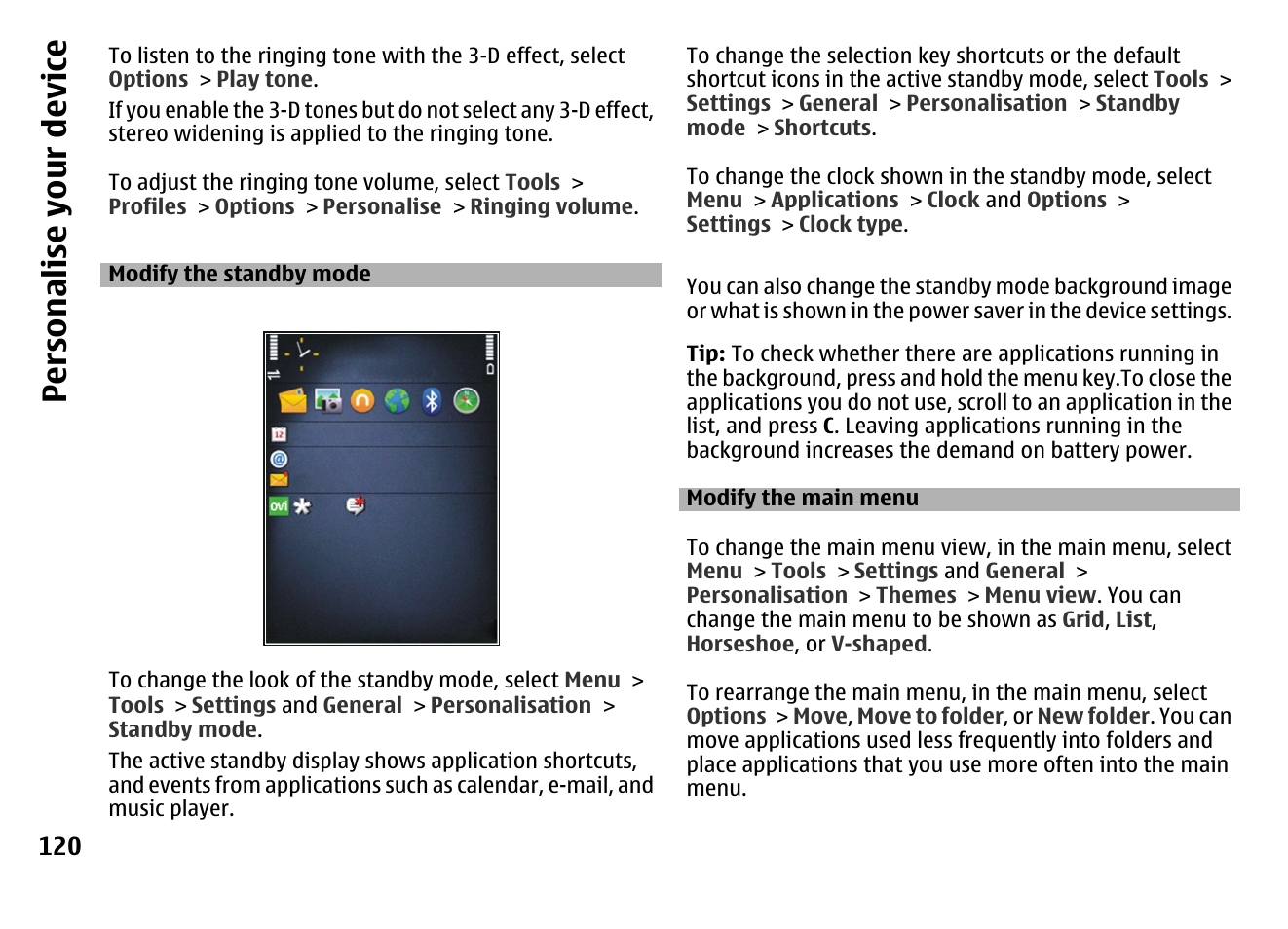 Modify the standby mode, Modify the main menu, Persona lise your de vice | Nokia MOBILE PHONE N86 User Manual | Page 120 / 159