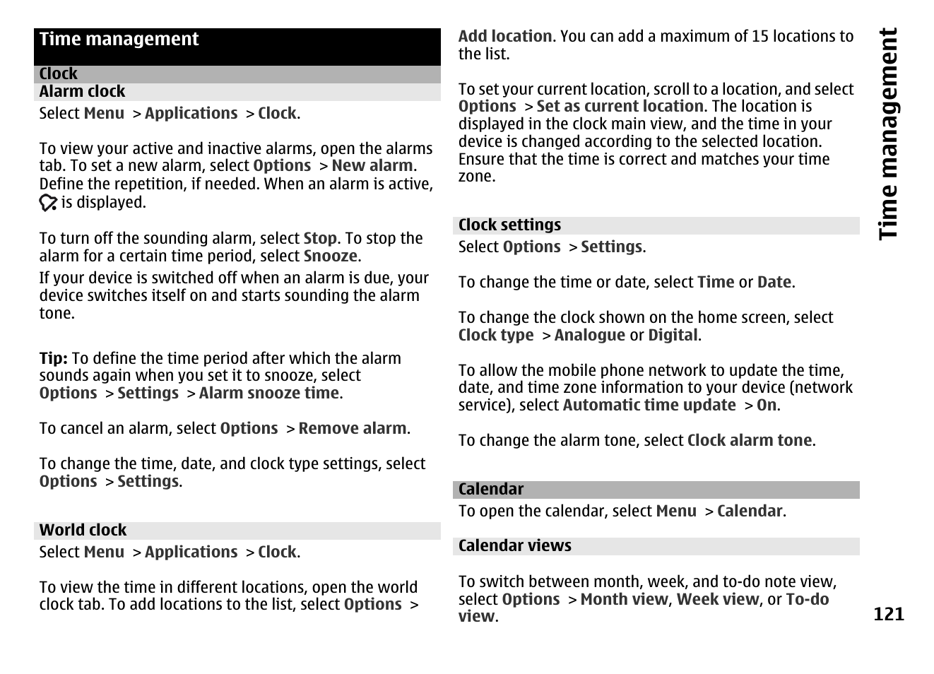 Time management, Clock, Alarm clock | World clock, Clock settings, Calendar, Calendar views, Ti me ma na ge me nt | Nokia MOBILE PHONE N86 User Manual | Page 121 / 159