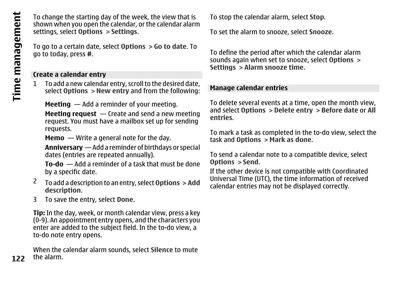 Create a calendar entry, Manage calendar entries, Ti me ma na ge me nt | Nokia MOBILE PHONE N86 User Manual | Page 122 / 159