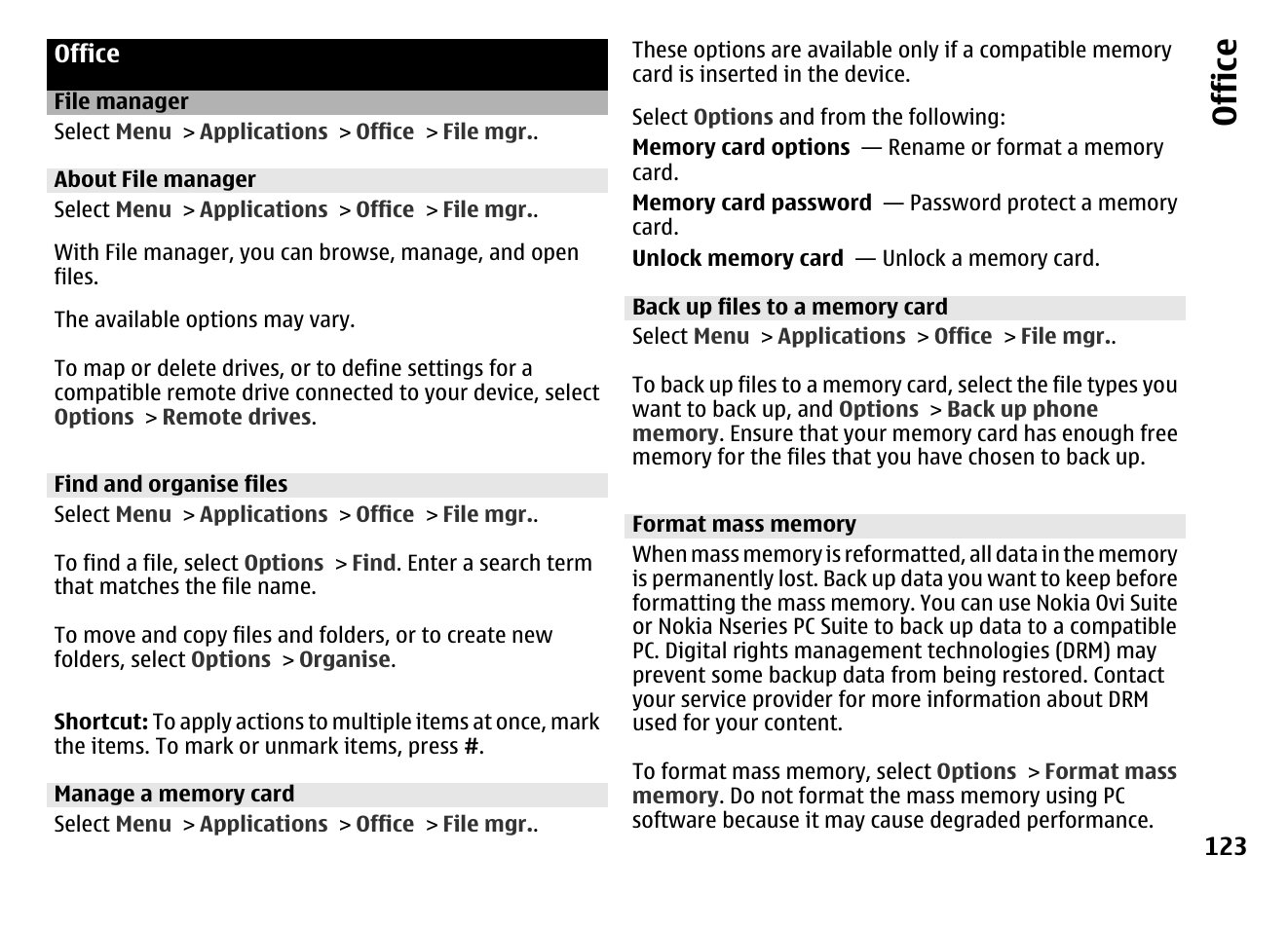 Office, File manager, About file manager | Find and organise files, Manage a memory card, Back up files to a memory card, Format mass memory | Nokia MOBILE PHONE N86 User Manual | Page 123 / 159