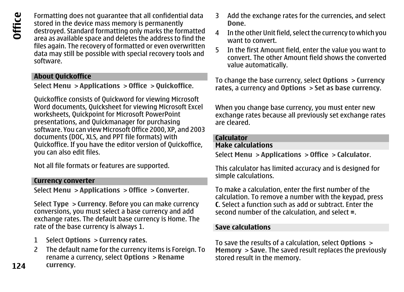 About quickoffice, Currency converter, Calculator | Make calculations, Save calculations, Office | Nokia MOBILE PHONE N86 User Manual | Page 124 / 159