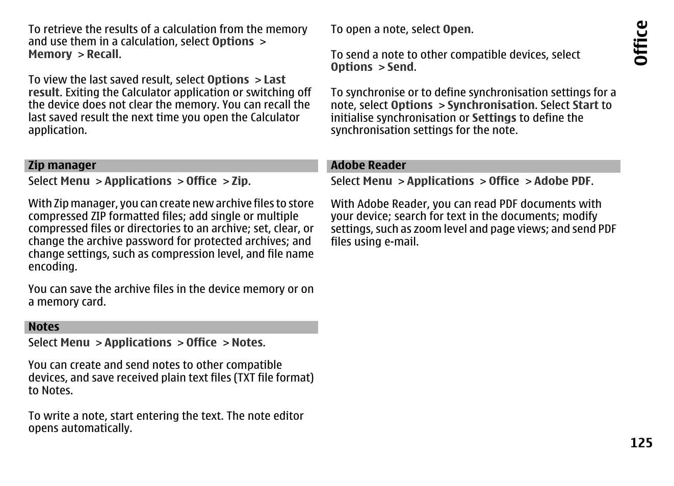 Zip manager, Notes, Adobe reader | Notes 125, Office | Nokia MOBILE PHONE N86 User Manual | Page 125 / 159