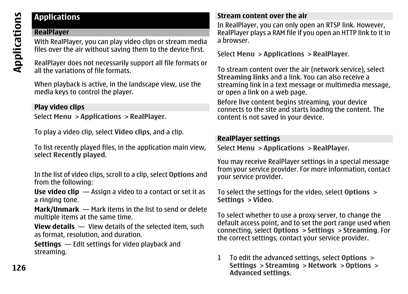 Applications, Realplayer, Play video clips | Stream content over the air, Realplayer settings, Reen, See "realplayer", p. 126, App lication s | Nokia MOBILE PHONE N86 User Manual | Page 126 / 159