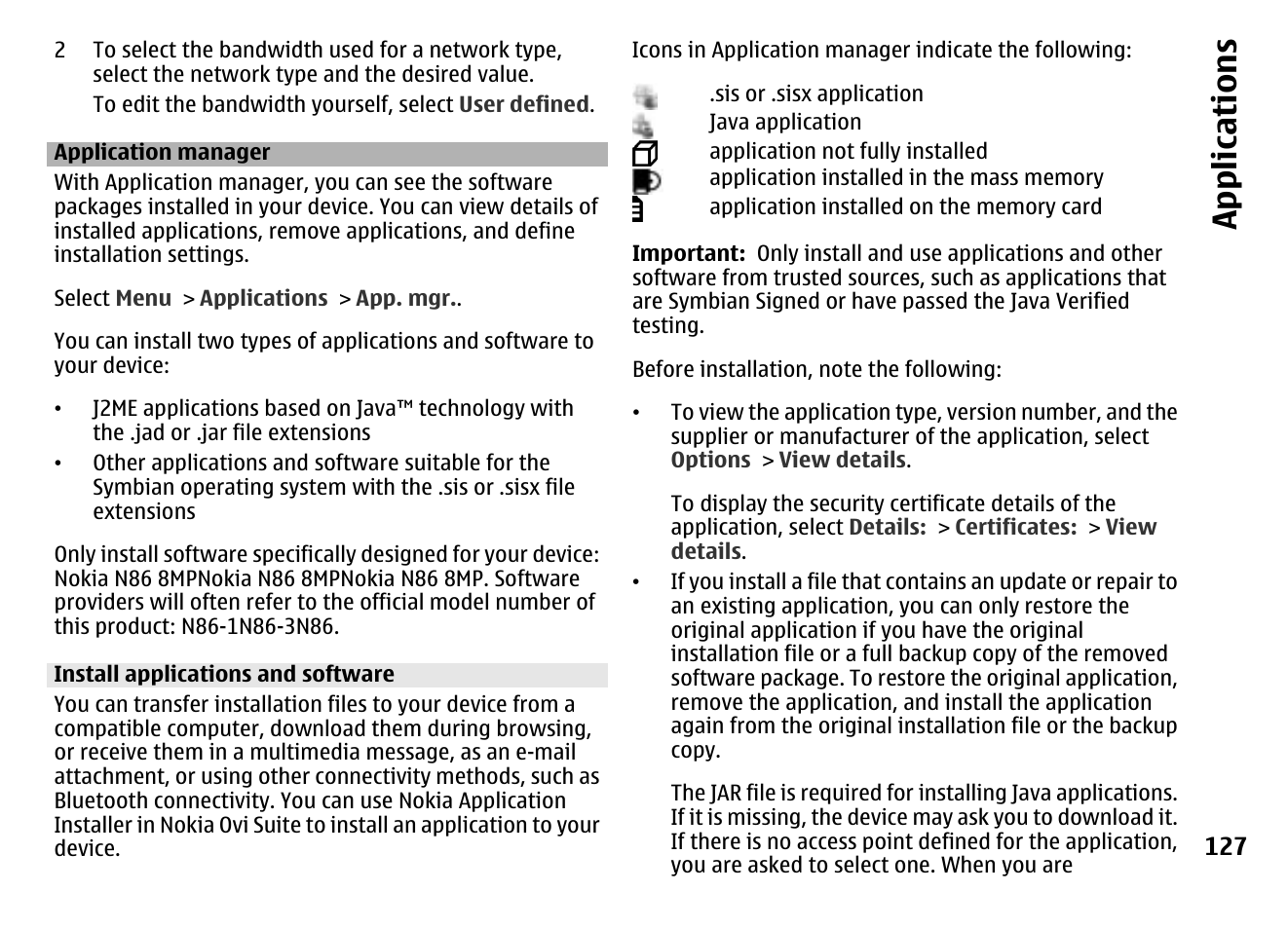 Application manager, Install applications and software, App lication s | Nokia MOBILE PHONE N86 User Manual | Page 127 / 159