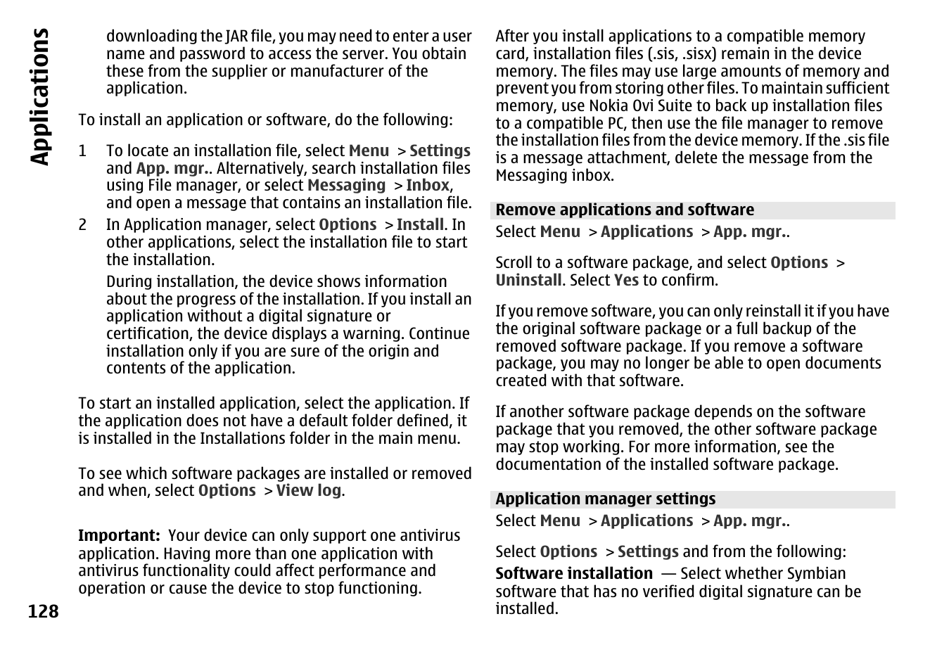 Remove applications and software, Application manager settings, App lication s | Nokia MOBILE PHONE N86 User Manual | Page 128 / 159