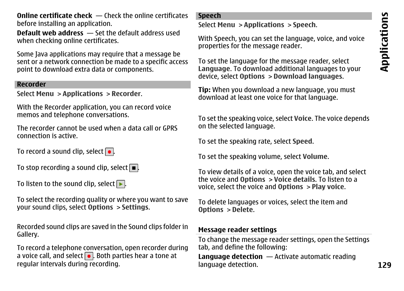 Recorder, Speech, App lication s | Nokia MOBILE PHONE N86 User Manual | Page 129 / 159