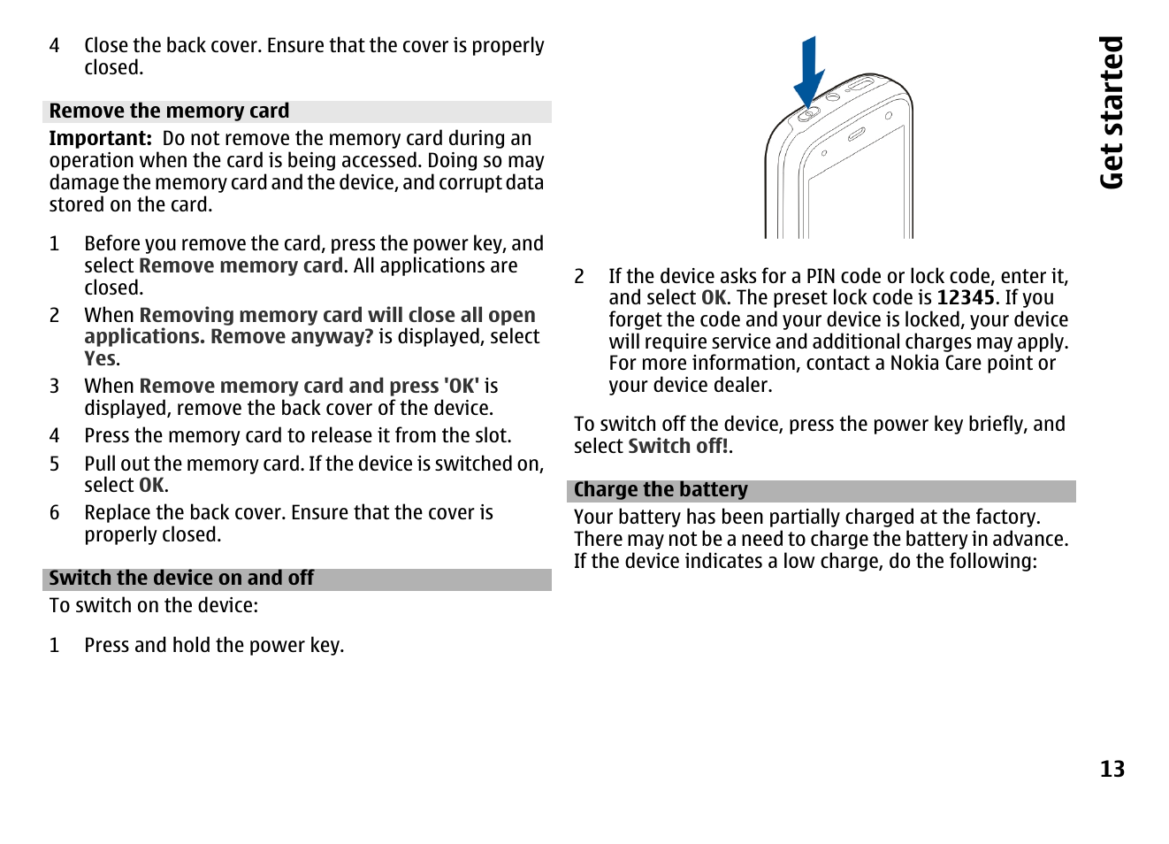 Remove the memory card, Switch the device on and off, Charge the battery | Get started | Nokia MOBILE PHONE N86 User Manual | Page 13 / 159