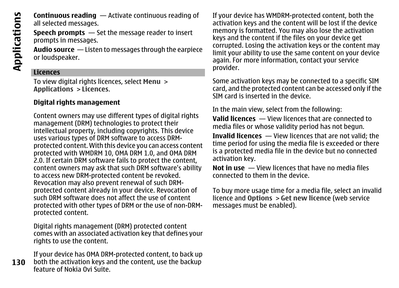 Licences, App lication s | Nokia MOBILE PHONE N86 User Manual | Page 130 / 159