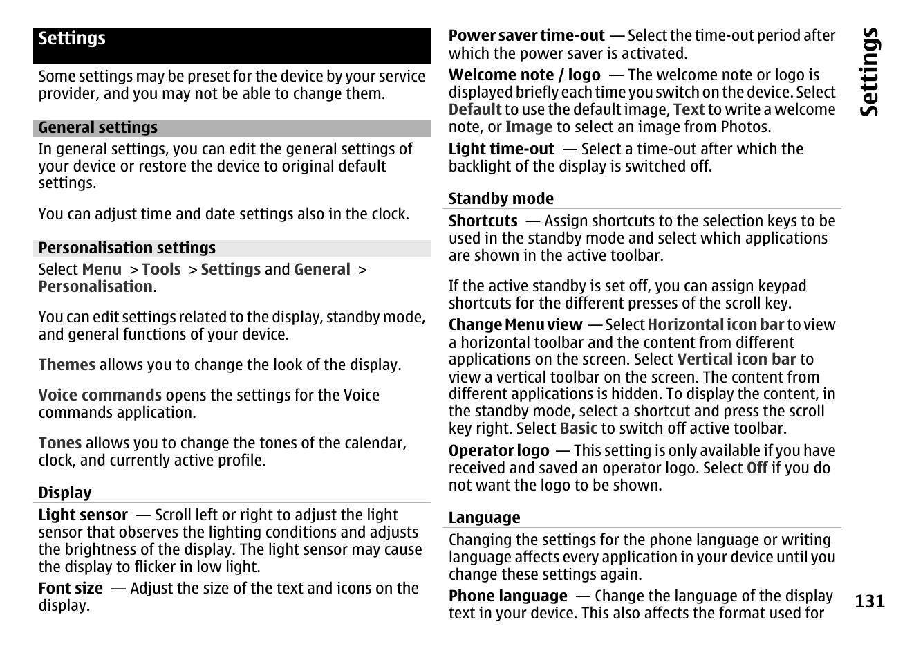 Settings, General settings, Personalisation settings | Se ttings | Nokia MOBILE PHONE N86 User Manual | Page 131 / 159