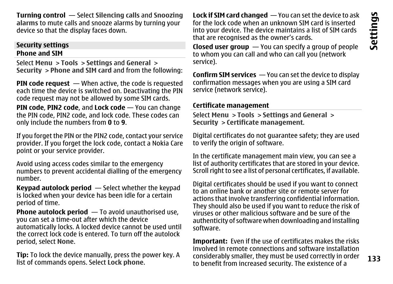 Security settings, Phone and sim, Certificate management | Se ttings | Nokia MOBILE PHONE N86 User Manual | Page 133 / 159