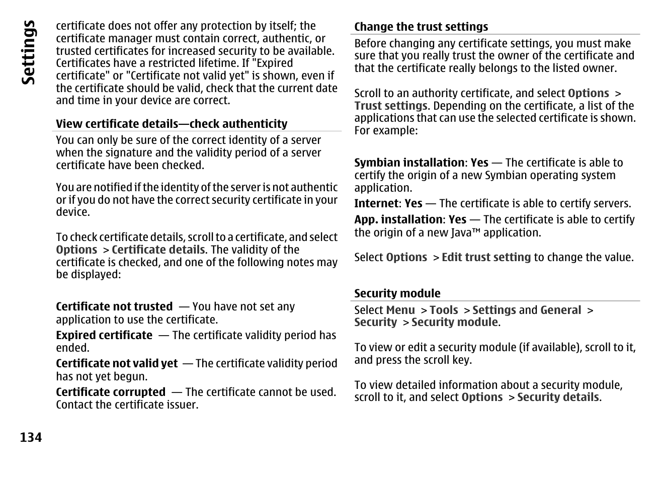 Security module, Se ttings | Nokia MOBILE PHONE N86 User Manual | Page 134 / 159