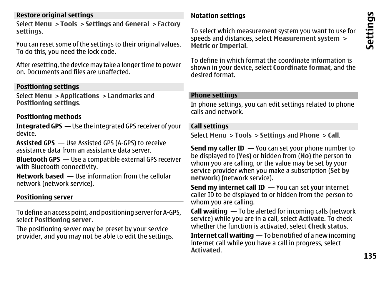 Restore original settings, Positioning settings, Phone settings | Call settings, Se ttings | Nokia MOBILE PHONE N86 User Manual | Page 135 / 159