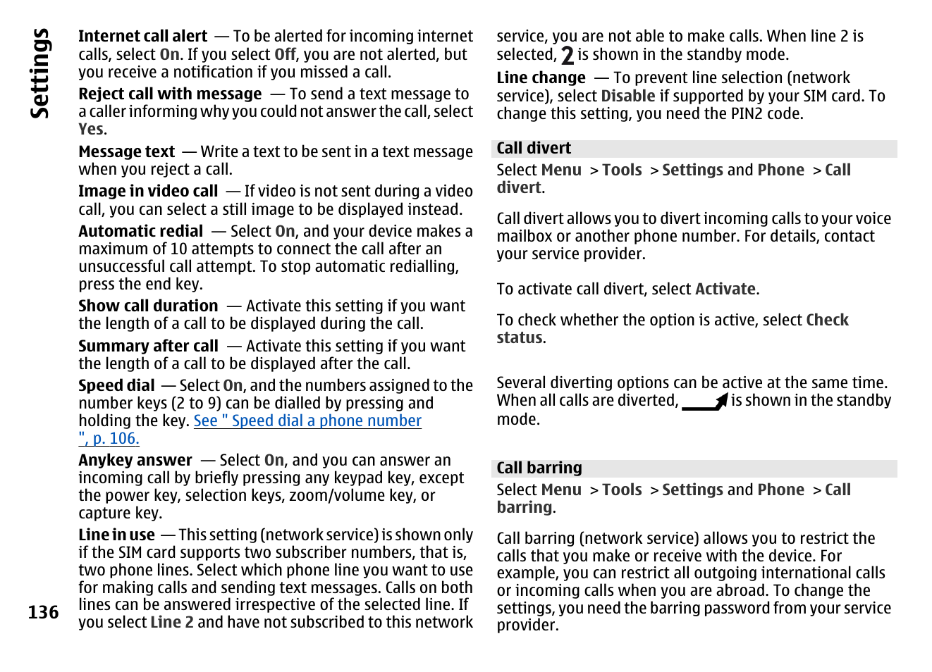 Call divert, Call barring, Se ttings | Nokia MOBILE PHONE N86 User Manual | Page 136 / 159