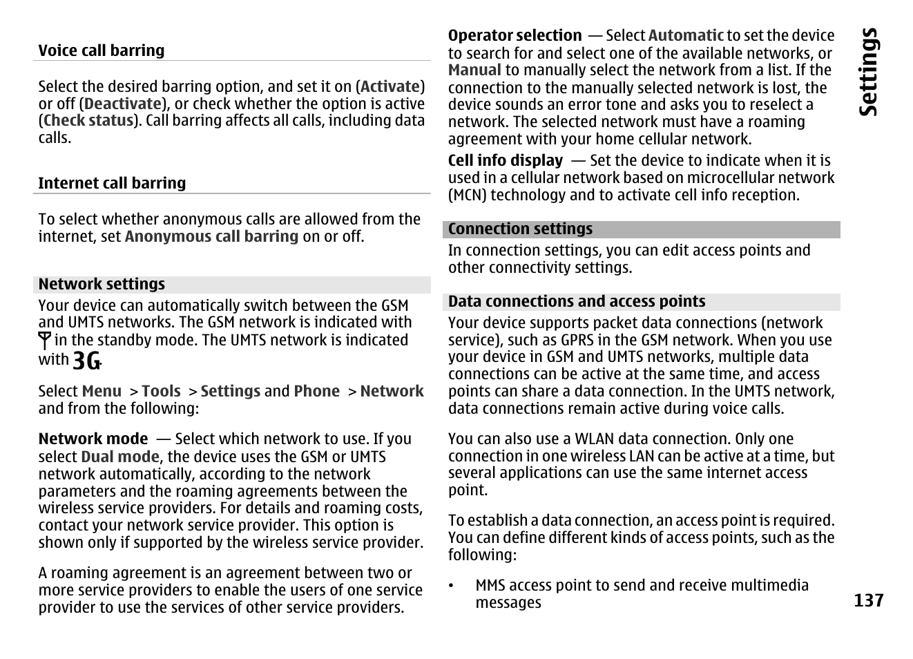 Network settings, Connection settings, Data connections and access points | Se ttings | Nokia MOBILE PHONE N86 User Manual | Page 137 / 159