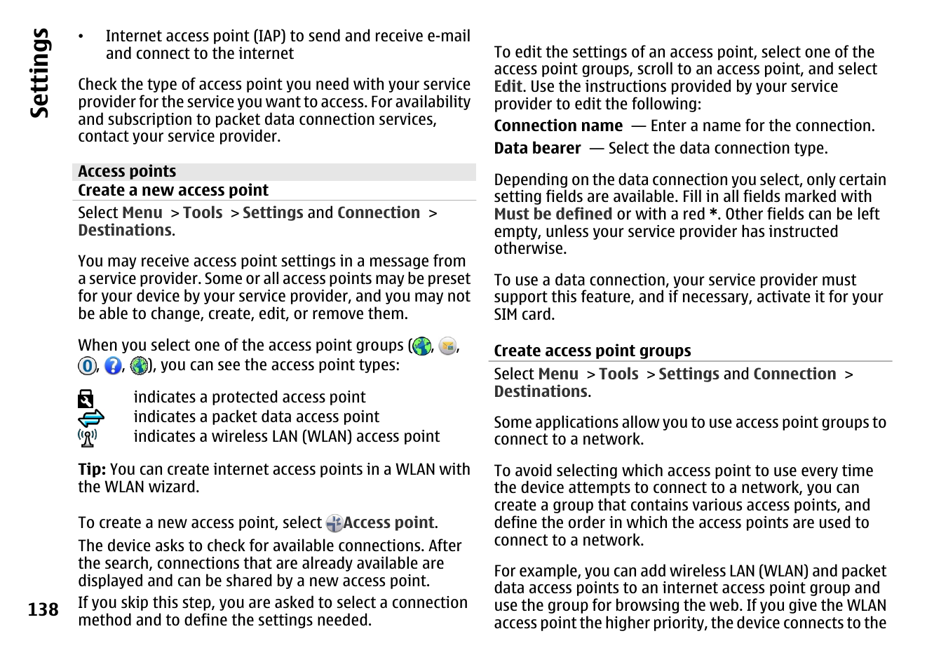 Access points, Create a new access point, Create access point groups | Se ttings | Nokia MOBILE PHONE N86 User Manual | Page 138 / 159