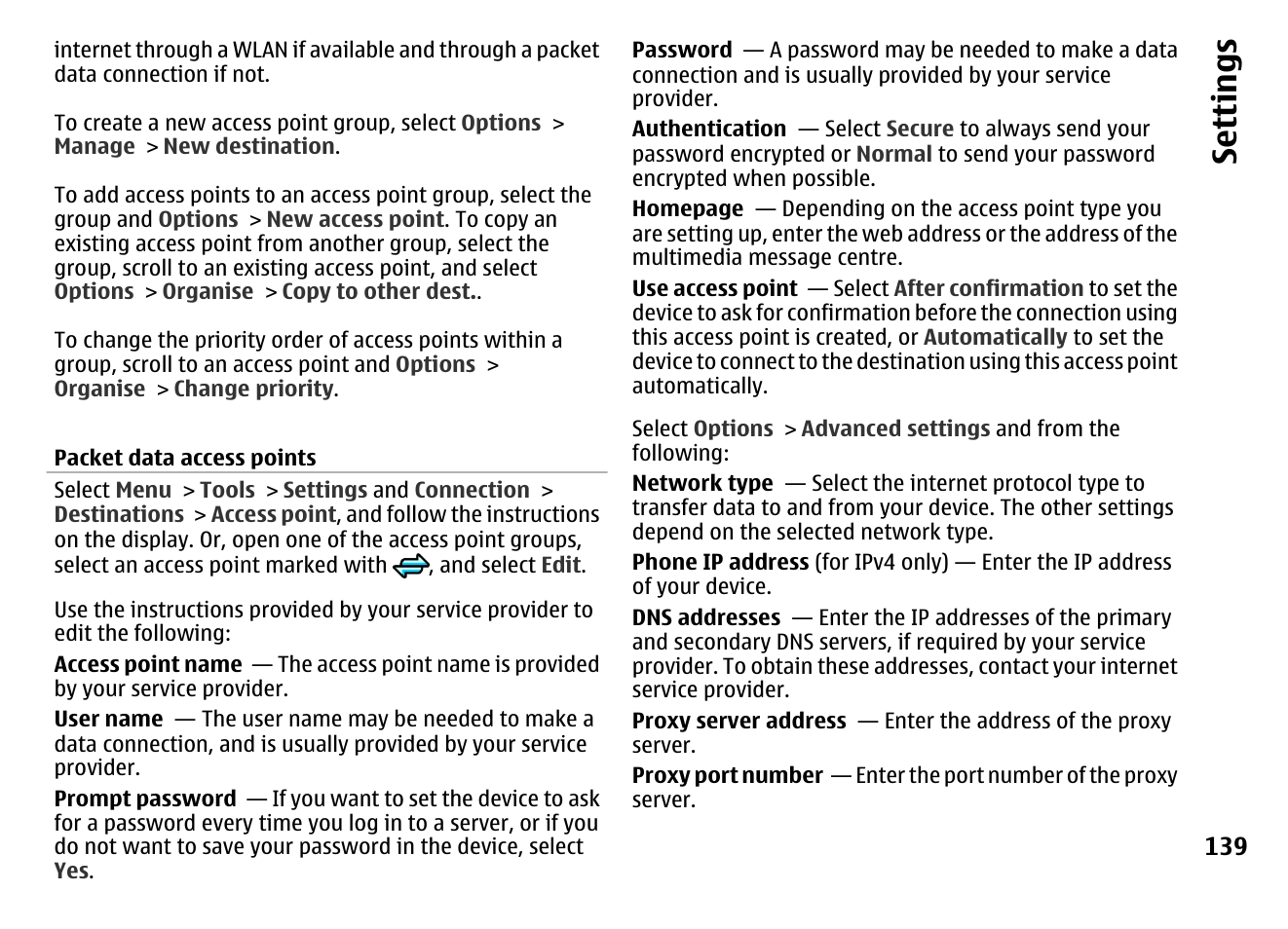 Packet data access points, Se ttings | Nokia MOBILE PHONE N86 User Manual | Page 139 / 159