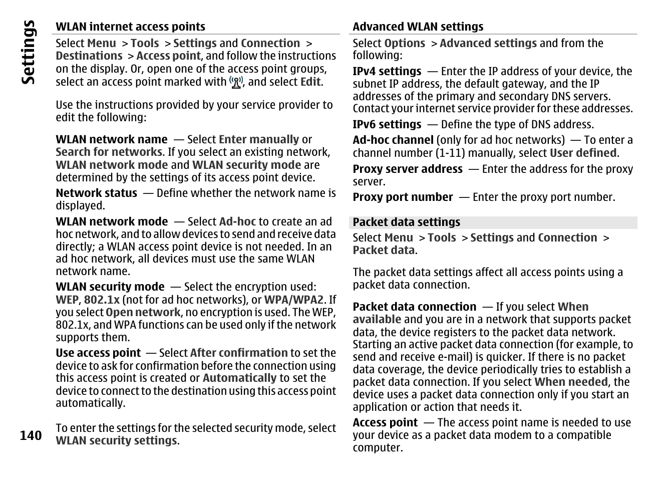 Wlan internet access points, Packet data settings, Se ttings | Nokia MOBILE PHONE N86 User Manual | Page 140 / 159