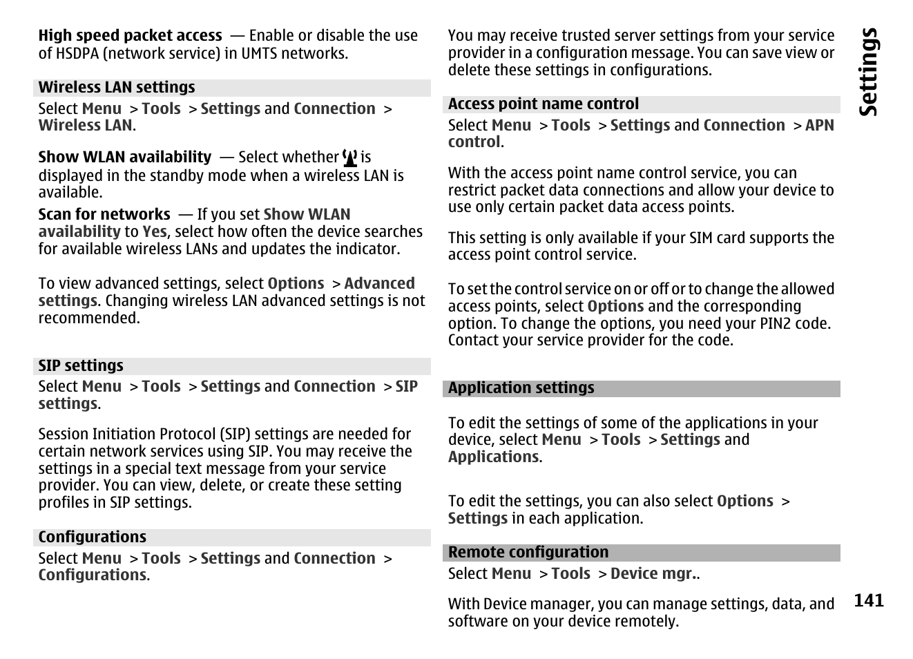 Wireless lan settings, Sip settings, Configurations | Access point name control, Application settings, Remote configuration, Se ttings | Nokia MOBILE PHONE N86 User Manual | Page 141 / 159