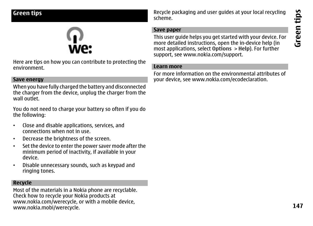 Green tips, Save energy, Recycle | Save paper, Learn more | Nokia MOBILE PHONE N86 User Manual | Page 147 / 159