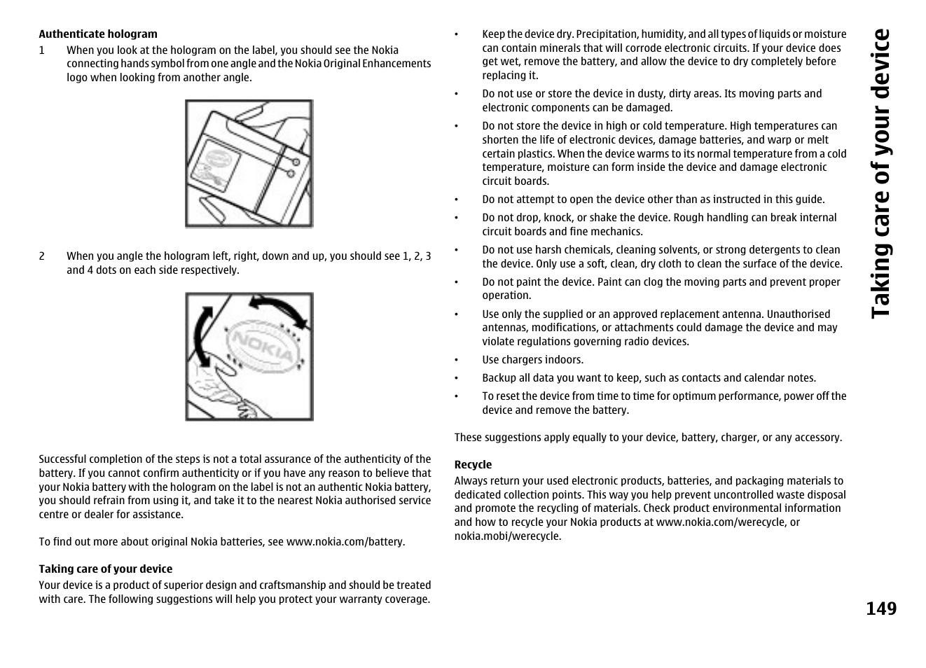 Authenticate hologram, Taking care of your device, Recycle | Taking care o f your de vice | Nokia MOBILE PHONE N86 User Manual | Page 149 / 159