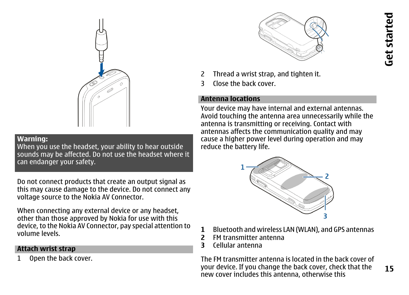 Attach wrist strap, Antenna locations, Get started | Nokia MOBILE PHONE N86 User Manual | Page 15 / 159