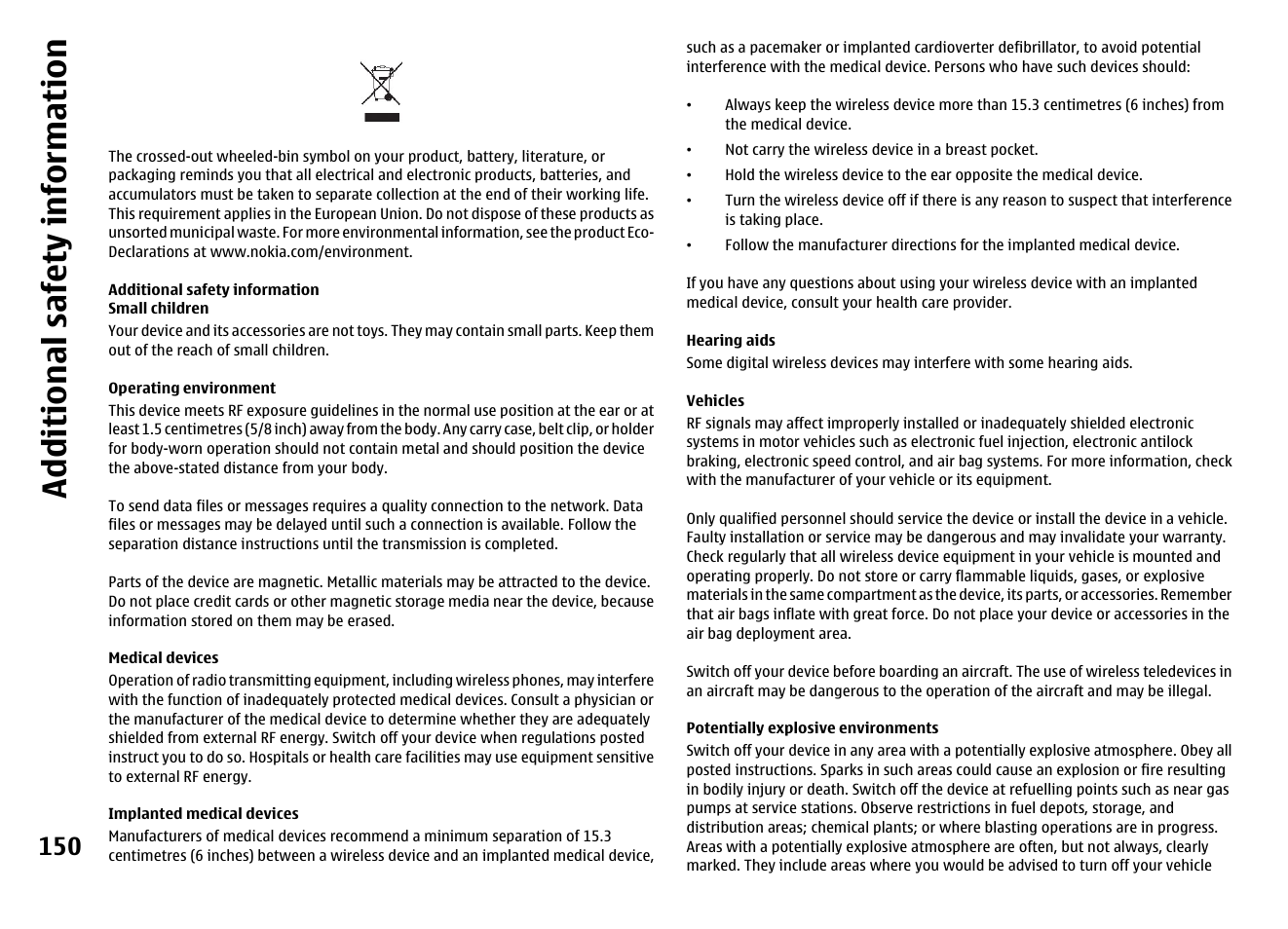 Additional safety information, Small children, Operating environment | Medical devices, Implanted medical devices, Hearing aids, Vehicles, Potentially explosive environments | Nokia MOBILE PHONE N86 User Manual | Page 150 / 159