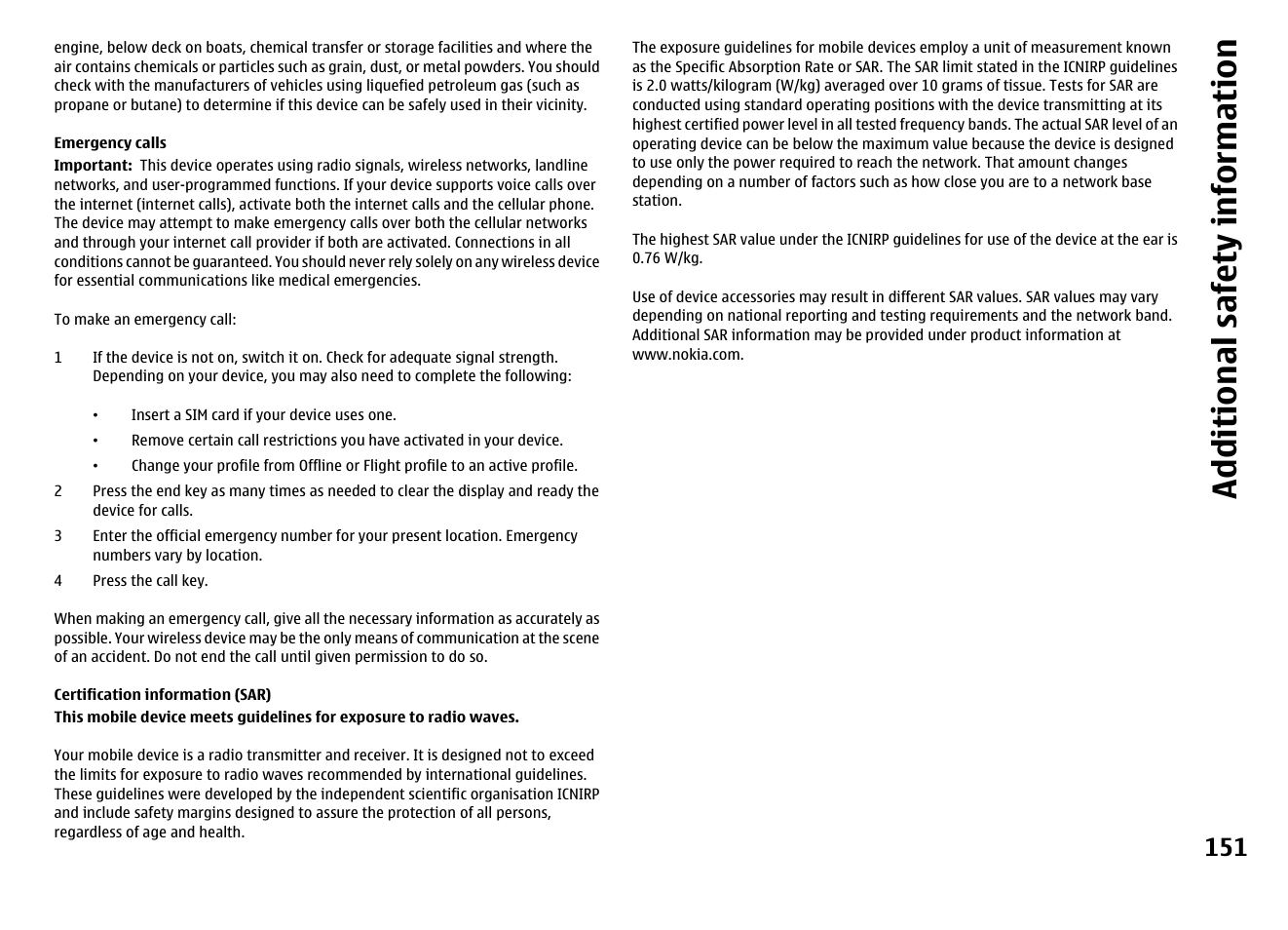 Emergency calls, Certification information (sar), Additional safety information | Nokia MOBILE PHONE N86 User Manual | Page 151 / 159