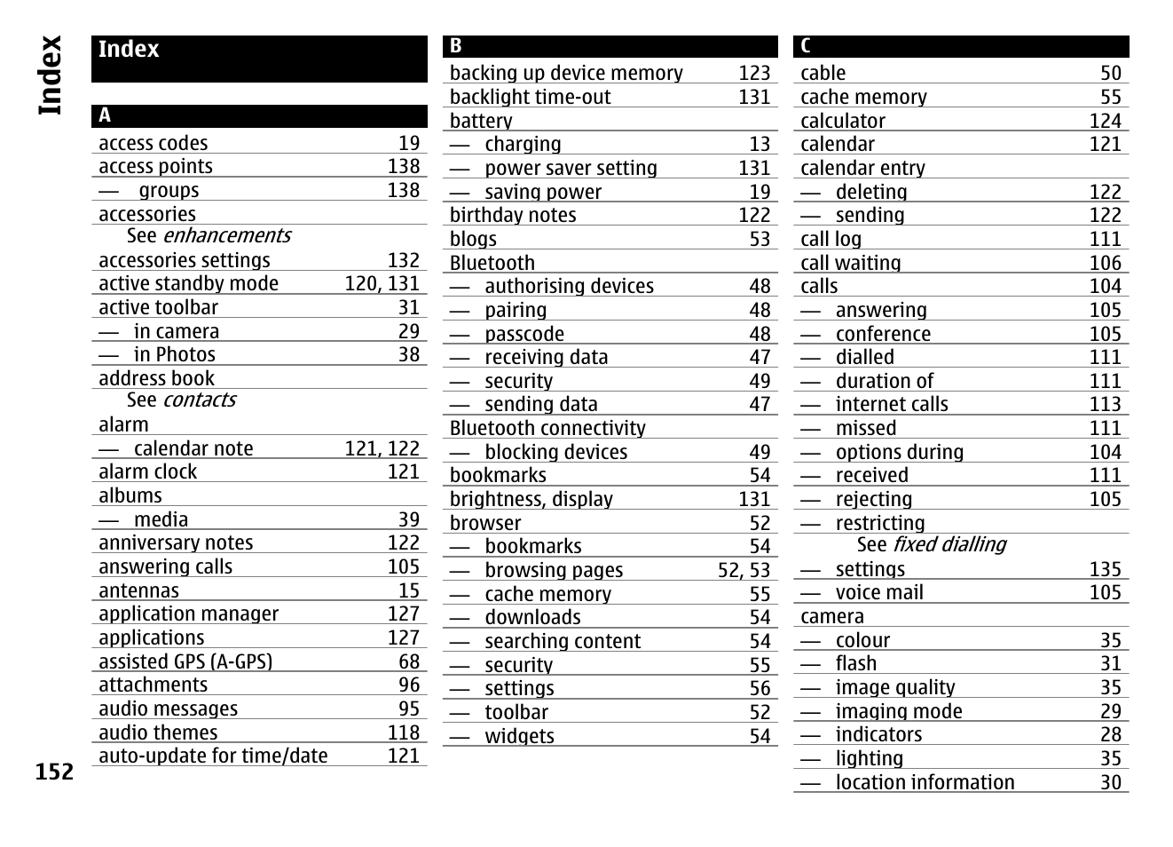 Index | Nokia MOBILE PHONE N86 User Manual | Page 152 / 159