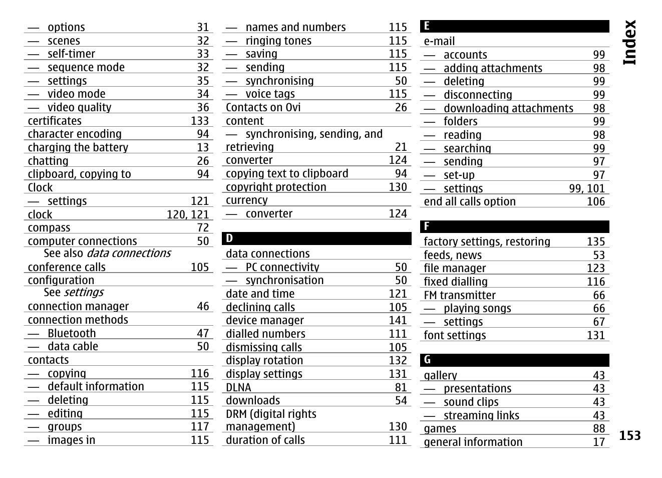 Index | Nokia MOBILE PHONE N86 User Manual | Page 153 / 159