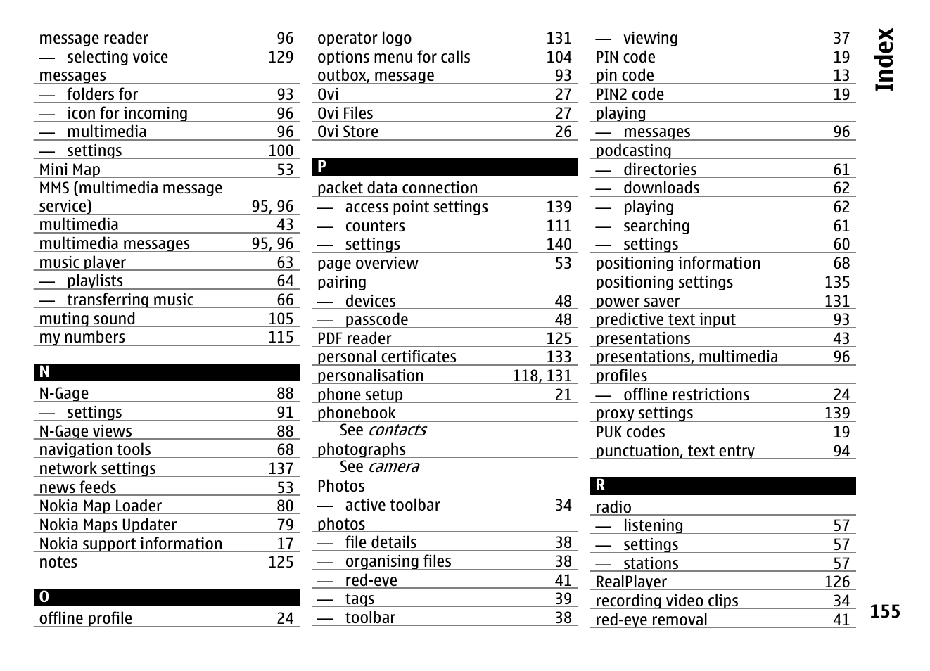 Index | Nokia MOBILE PHONE N86 User Manual | Page 155 / 159