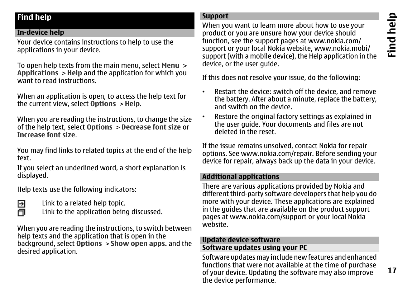 Find help, In-device help, Support | Additional applications, Update device software, Software updates using your pc, Find hel p | Nokia MOBILE PHONE N86 User Manual | Page 17 / 159