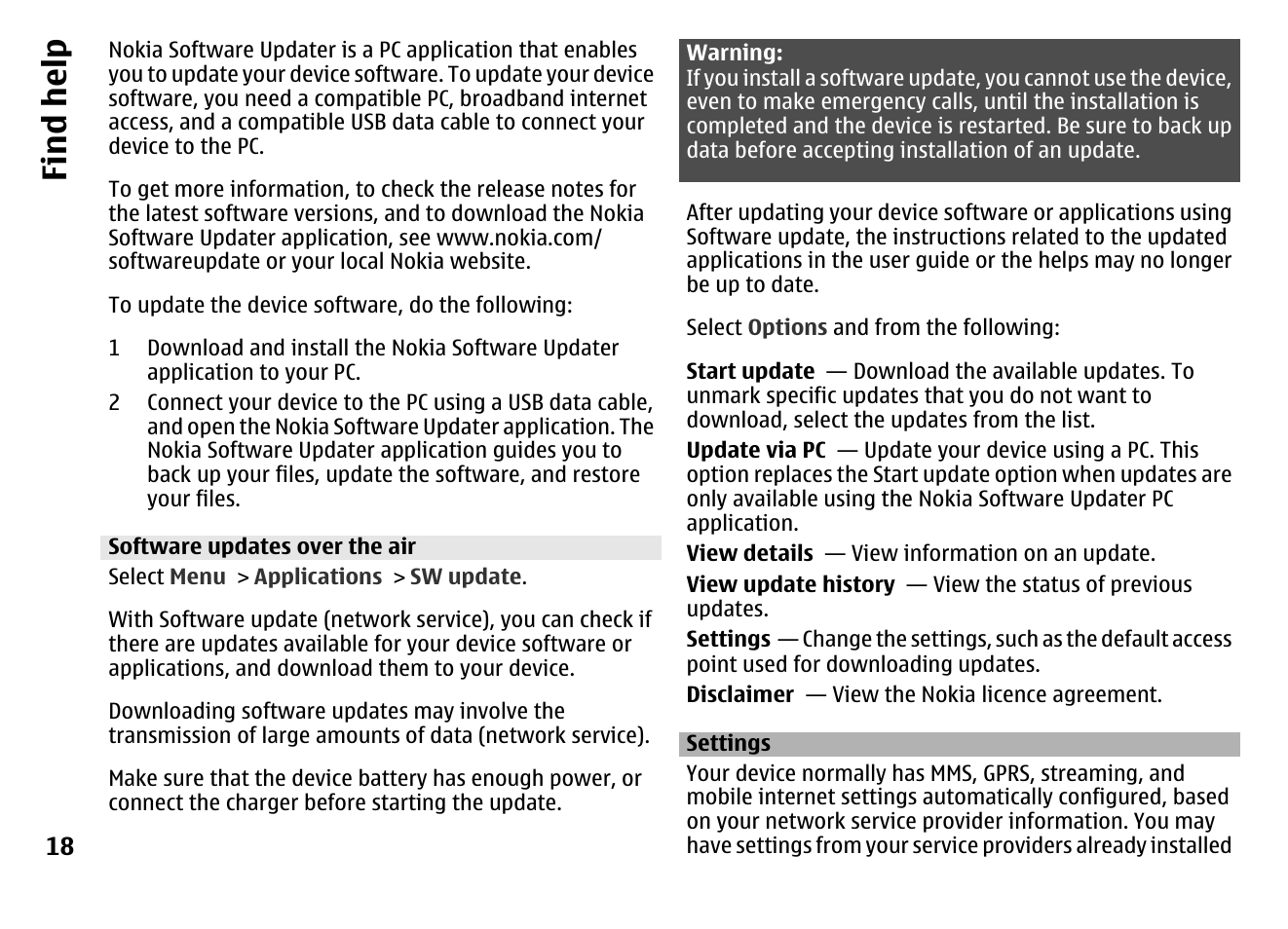 Software updates over the air, Settings, Find hel p | Nokia MOBILE PHONE N86 User Manual | Page 18 / 159