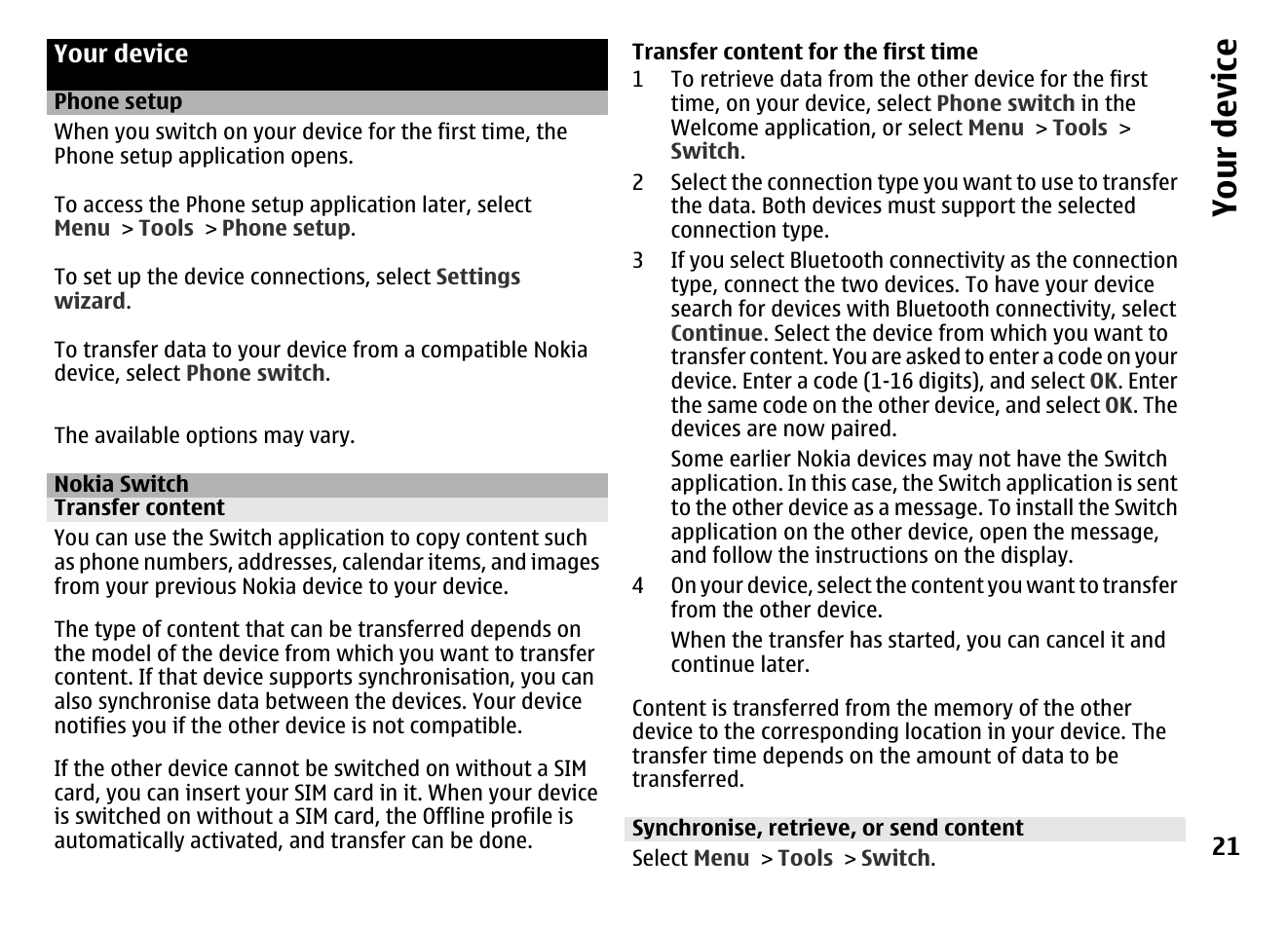 Your device, Phone setup, Nokia switch | Transfer content, Synchronise, retrieve, or send content | Nokia MOBILE PHONE N86 User Manual | Page 21 / 159