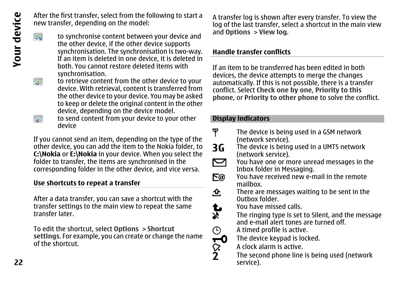 Display indicators, Your device | Nokia MOBILE PHONE N86 User Manual | Page 22 / 159