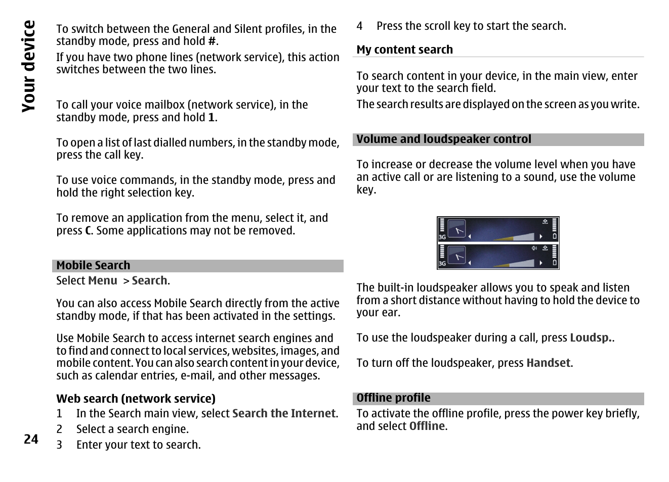 Mobile search, Volume and loudspeaker control, Offline profile | Your device | Nokia MOBILE PHONE N86 User Manual | Page 24 / 159