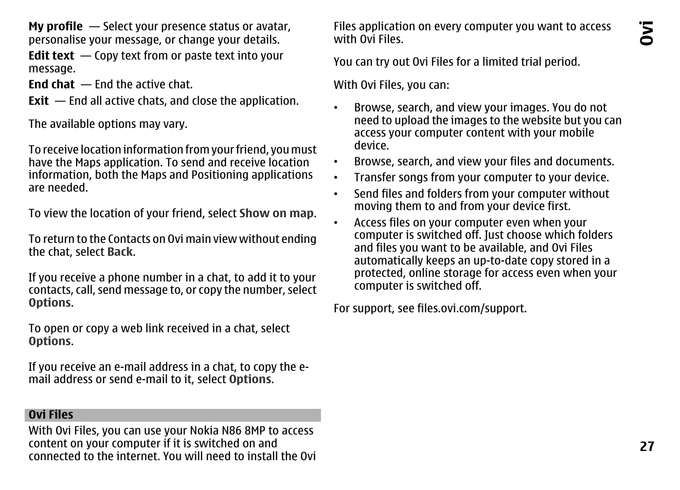 Ovi files | Nokia MOBILE PHONE N86 User Manual | Page 27 / 159