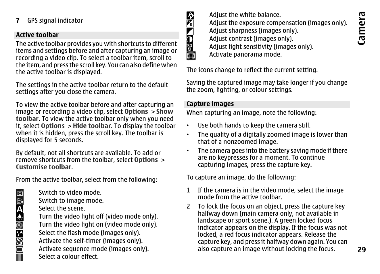 Active toolbar, Capture images, Ca mera | Nokia MOBILE PHONE N86 User Manual | Page 29 / 159