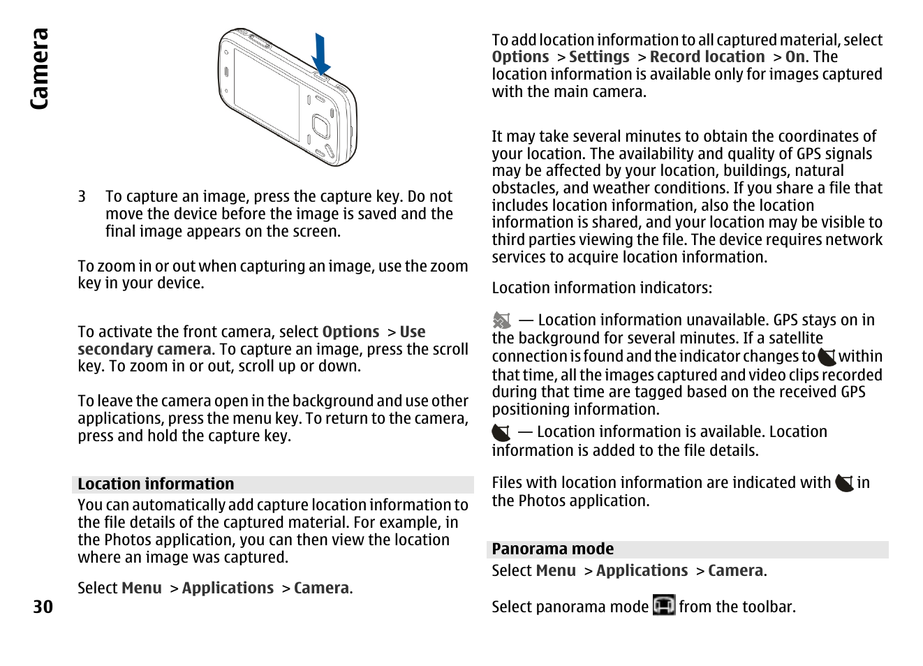 Location information, Panorama mode, Ca mera | Nokia MOBILE PHONE N86 User Manual | Page 30 / 159