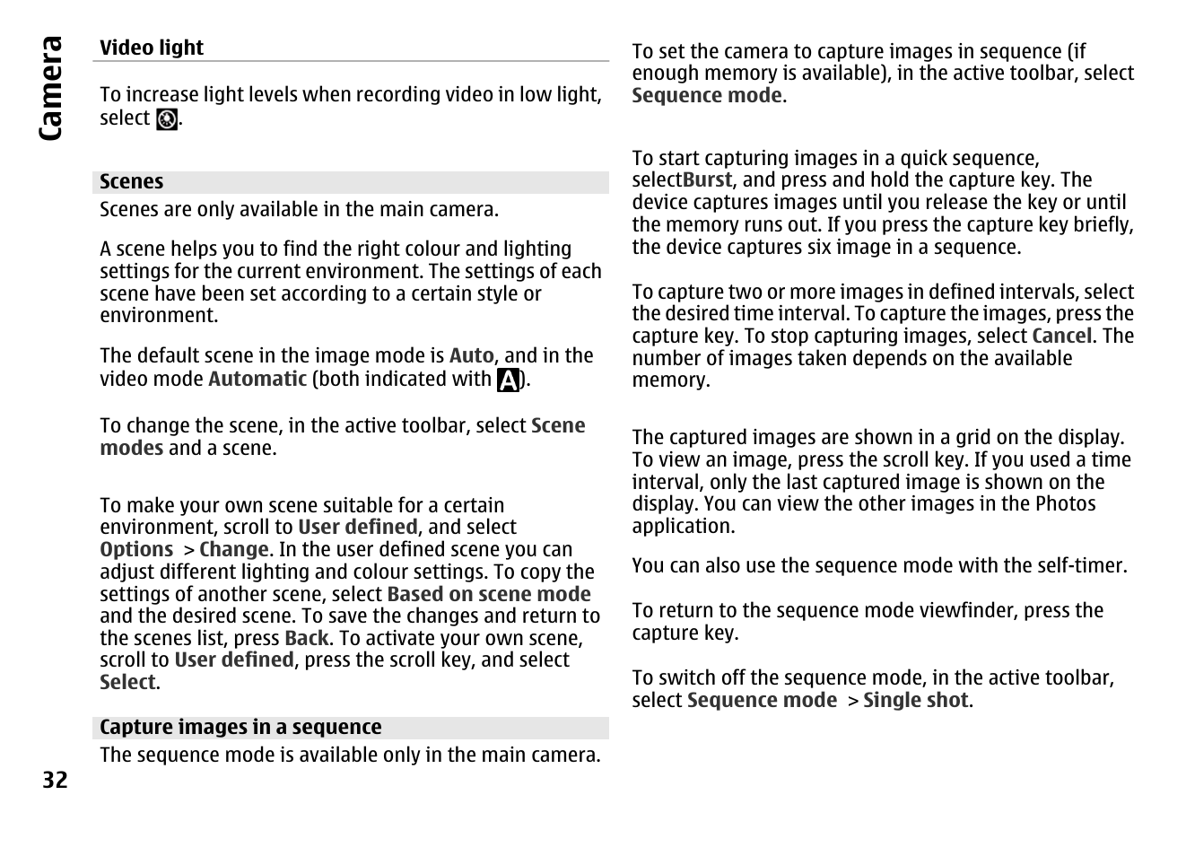 Scenes, Capture images in a sequence, Ca mera | Nokia MOBILE PHONE N86 User Manual | Page 32 / 159